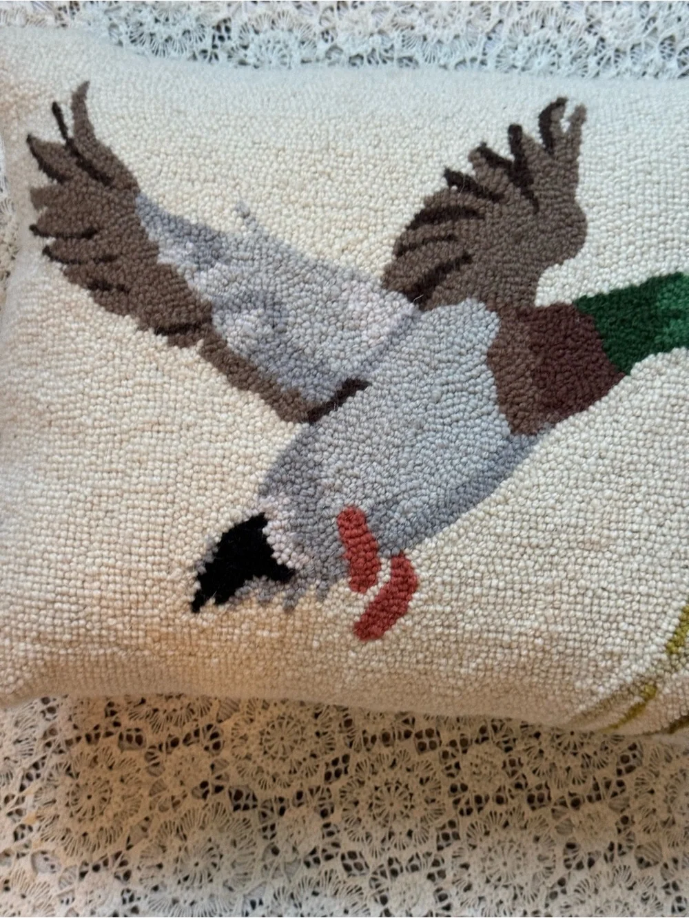 Hooked Wool Duck Accent Pillow in Cream and Multi-Color